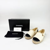 CHANEL CHAIN BEIGE & BLK QUILTED LEA ESPADRILLES sz 34