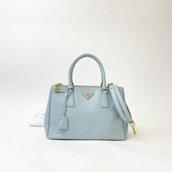 PRADA DOUBLE ZIP GALLERIA TOTE IN LT BLUE SAFFIANO LEA & GHW