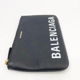 BALENCIAGA VILLE BLK LEA LOGO ZIP POUCH / CLUTCH