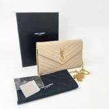 SAINT LAURENT CASSANDRE CHAIN WALLET/ CROSSBODY IN BEIGE GRAIN DE POUDRE LEA & GHW