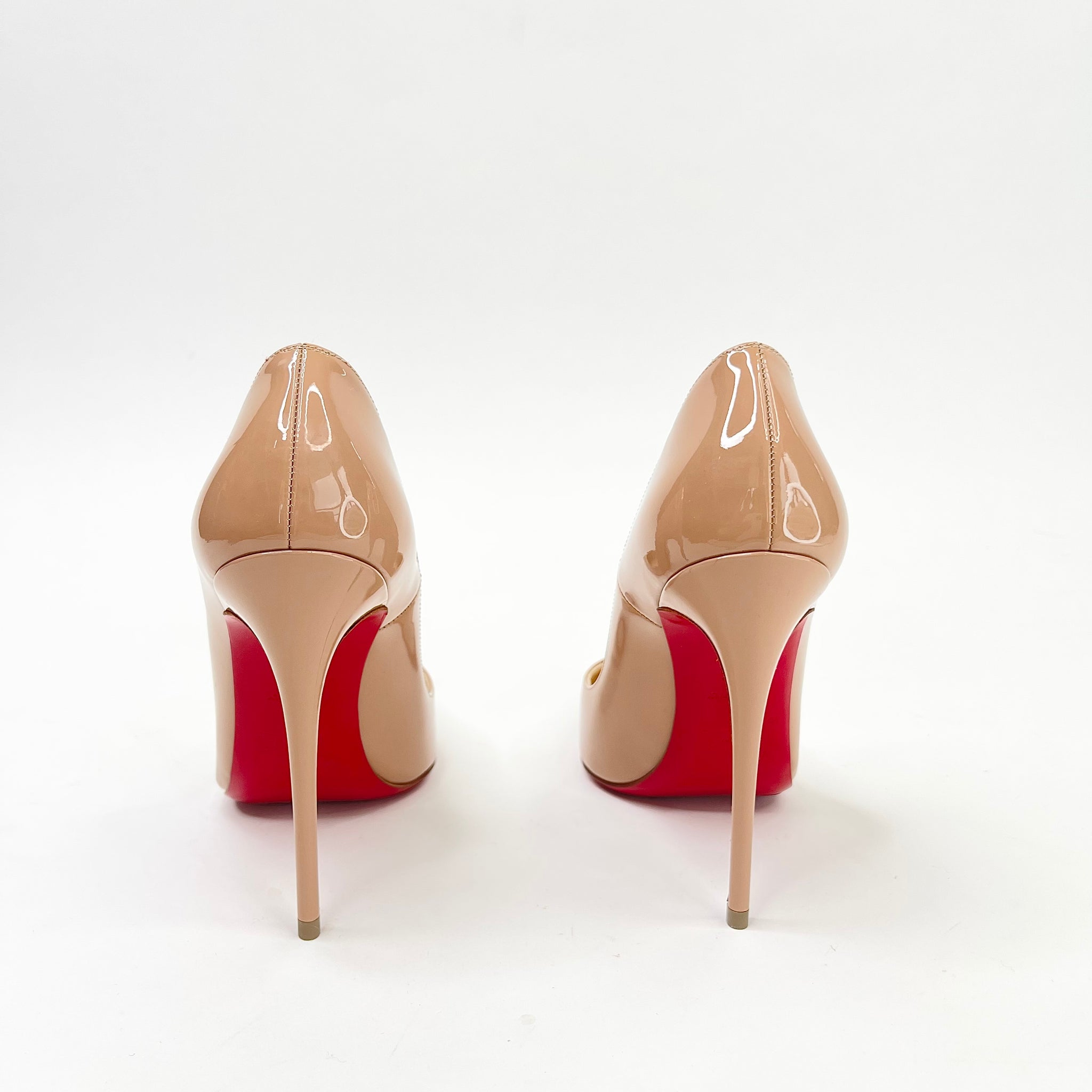 CHRISTIAN LOUBOUTIN SO KATE PUMPS IN BEIGE PATENT sz 34.5 BLuxe Boutique