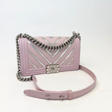 CHANEL BOY IN LIGHT PINK & IRIDESCENT METALLIC CHEVRON CALFSKIN LEA & SHW - BLuxe Boutique
