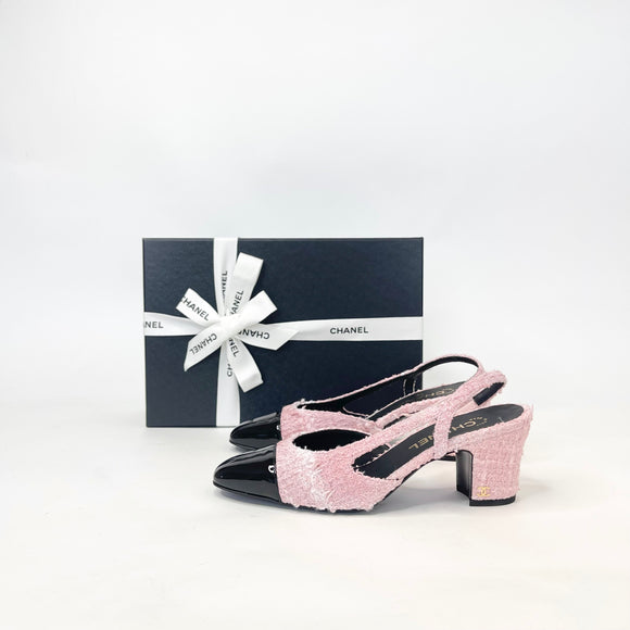 CHANEL PINK TWEED & BLK PATENT CAP TOE SLINGBACKS sz 38.5