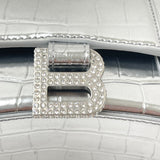 BALENCIAGA XS HOURGLASS IN METALLIC SILVER EMBOSSED LEA & CRYSTAL