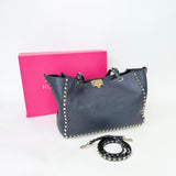 VALENTINO ROCKSTUD TRAPEZE MED NAVY PEBBLED CLAF LEA TWO WAY TOTE