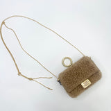 FENDI NANO BAGUETTE BAG CHARM / CROSSBODY BRN SHEARLING & GHW