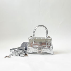 BALENCIAGA XS HOURGLASS IN METALLIC SILVER EMBOSSED LEA & CRYSTAL