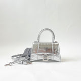 BALENCIAGA XS HOURGLASS IN METALLIC SILVER EMBOSSED LEA & CRYSTAL