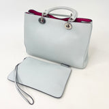 CHRISTIAN DIOR DIORISSIMO MEDIUM TOTE BAG + ZIP WRISTLET POUCH IN LT BLUE & FUCSHIA PEBBLED LEA & SHW