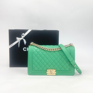 CHANEL LARGE GREEN QUILTED LMSKN LEATHER & LT GHW BOY BAG