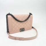 CHANEL LARGE BOY IN LT PINK QUILTED LAMBSKIN & RUTHENIUM HW