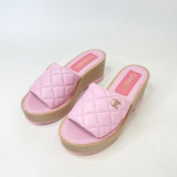 CHANEL PINK QUILTED LEA & WOOD SLIDES SZ 38