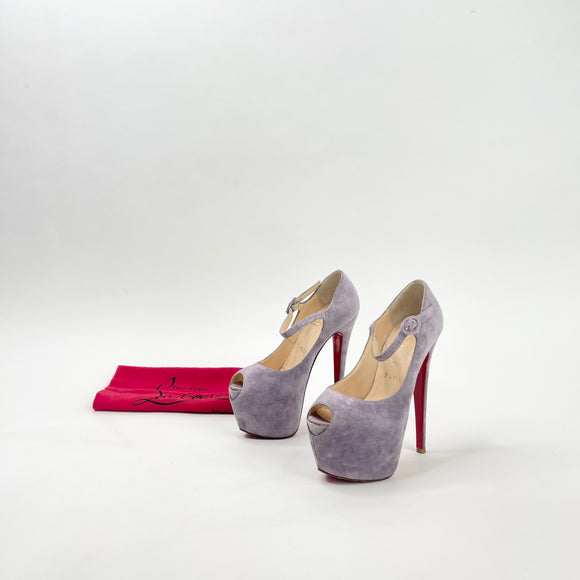 CHRISTIAN LOUBOUTIN LADY HIGHNESS PURPLE SUEDE PEEP TOE PUMPS sz 35