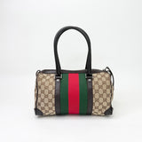 GUCCI BRN LEA & GG CAVAS BOSTON SHOULDER TOTE