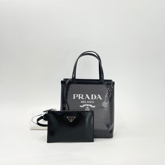 PRADA BLK SEQUIN MESH TOTE + ZIP POUCH