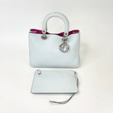 CHRISTIAN DIOR DIORISSIMO MEDIUM TOTE BAG + ZIP WRISTLET POUCH IN LT BLUE & FUCSHIA PEBBLED LEA & SHW