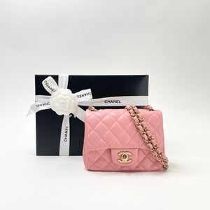 PRE LOVED CHANEL CLASSIC MINI SQUARE IN PINK LMBSKIN & AGED GHW