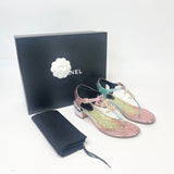 CHANEL T STRAP OMBRÉ LEA WITH PEARL CC SANDALS Sz 36.5