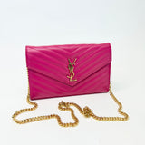 SAINT LAURENT CASSANDRE CHAIN WALLET/ CROSSBODY IN HOT PINK GRAIN DE POUDRE LEA & GHW - BLuxe Boutique