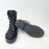 CHANEL BLK LEA & CAP TOE LACE UP COMBAT BOOTS SZ 38.5