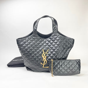 SAINT LAURENT ICARE BLK QUILTED LMB LEATHER MAXI TOTE + POUCH