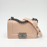 CHANEL SMALL BOY IN PATENT CRM & LT PINK LEATHER W SILVER HARDWARE BAG