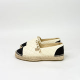 CHANEL CHAIN BEIGE & BLK QUILTED LEA ESPADRILLES sz 34