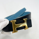 HERMES H GOLD BUCKLE & REVERSIBLE BLK BOX & NEW BLEU JEAN EPSOM CALFSKIN LEATHER BELT