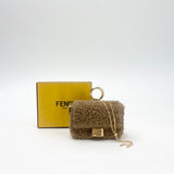 FENDI NANO BAGUETTE BAG CHARM / CROSSBODY BRN SHEARLING & GHW