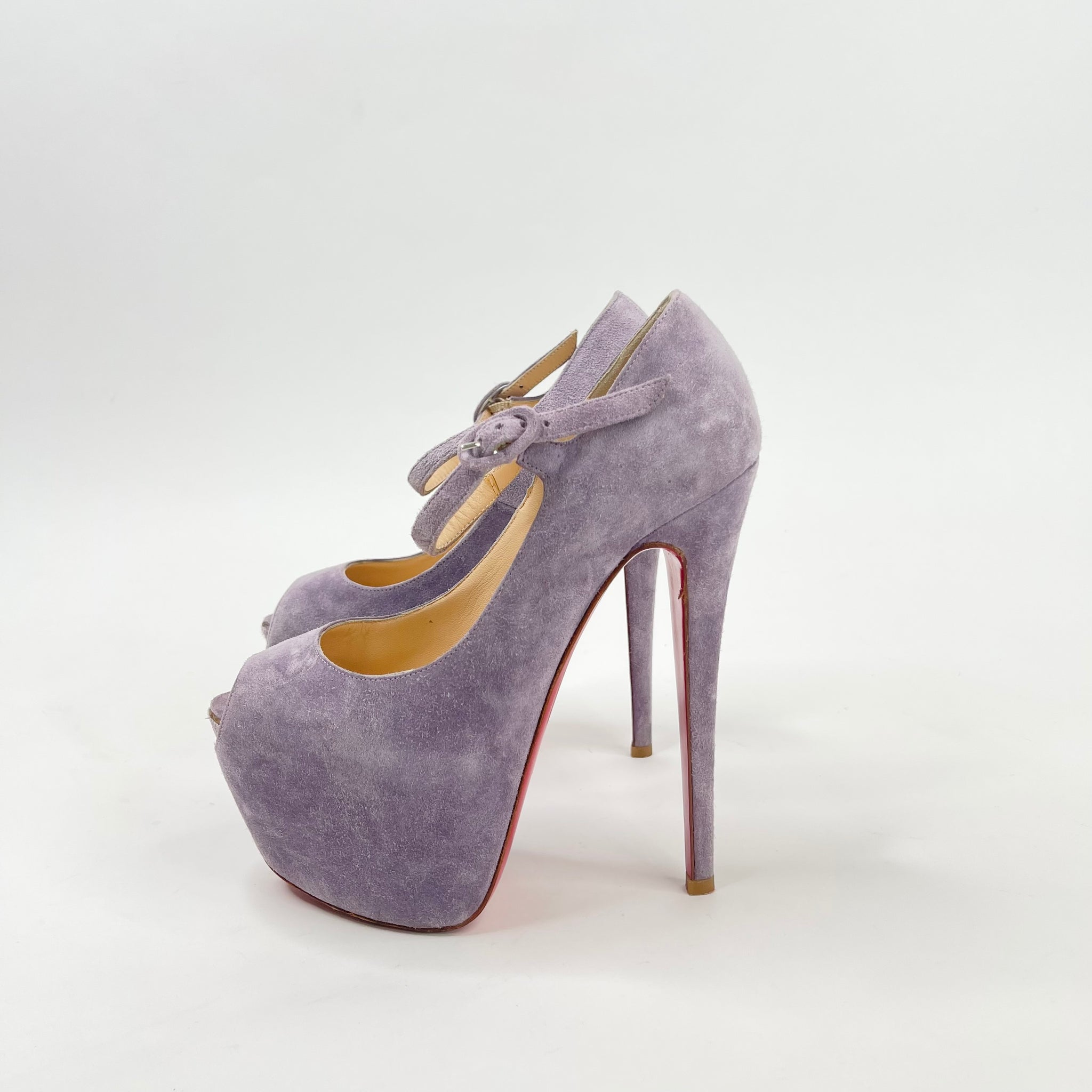 CHRISTIAN LOUBOUTIN LADY HIGHNESS PURPLE SUEDE PEEP TOE PUMPS sz 35 BLuxe Boutique