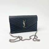 SAINT LAURENT CASSANDRE CHAIN WALLET/ CROSSBODY IN BLK GRAIN DE POUDRE LEA & SHW