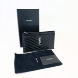 SAINT LAURENT TOP ZIP BILL POUCH/ CLUTCH IN BLK MATELASSE LEA & SHW