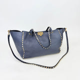 VALENTINO ROCKSTUD TRAPEZE MED NAVY PEBBLED CLAF LEA TWO WAY TOTE