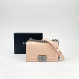 CHANEL SMALL BOY IN PATENT CRM & LT PINK LEATHER W SILVER HARDWARE BAG