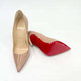 CHRISTIAN LOUBOUTIN SO KATE PUMPS IN BEIGE PATENT sz 34.5