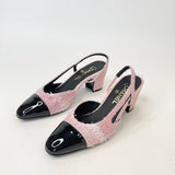 CHANEL PINK TWEED & BLK PATENT CAP TOE SLINGBACKS sz 38.5