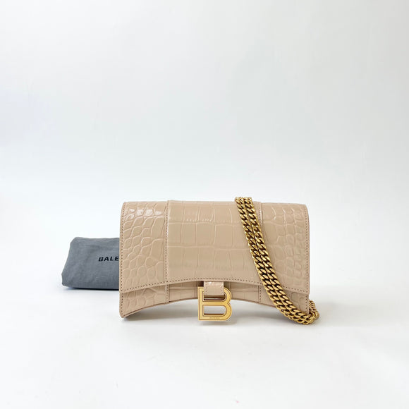 BALENCIAGA BEIGE CROC EMBOSSED LEA HOURGLASS WOC