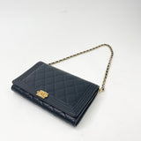 CHANEL BOY CLUTCH W CHAIN IN BLK LMB LEA & AGED GHW