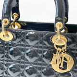 CHRISTIAN DIOR LADY DIOR MEDIUM IN BLK PAT & GHW W STRAP