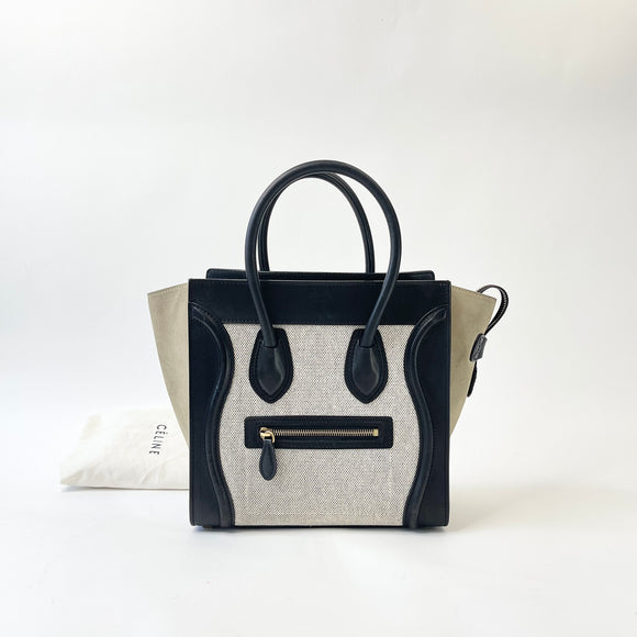 CELINE MICRO LUGGAGE IN TRI COLOR BLK CLF LEA GREEN SUEDE & CANVAS