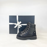 CHANEL BLK LEA & CAP TOE LACE UP COMBAT BOOTS SZ 38.5