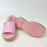 CHANEL PINK QUILTED LEA & WOOD SLIDES SZ 38