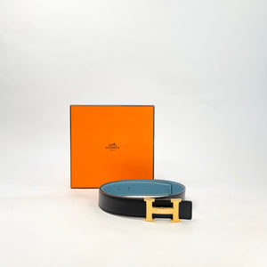 HERMES H GOLD BUCKLE REVERSIBLE BLK BOX NEW BLEU JEAN EPSOM CALFSK BLuxe Boutique