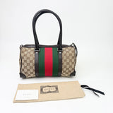 GUCCI BRN LEA & GG CAVAS BOSTON SHOULDER TOTE