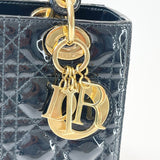 CHRISTIAN DIOR LADY DIOR MEDIUM IN BLK PAT & GHW W STRAP