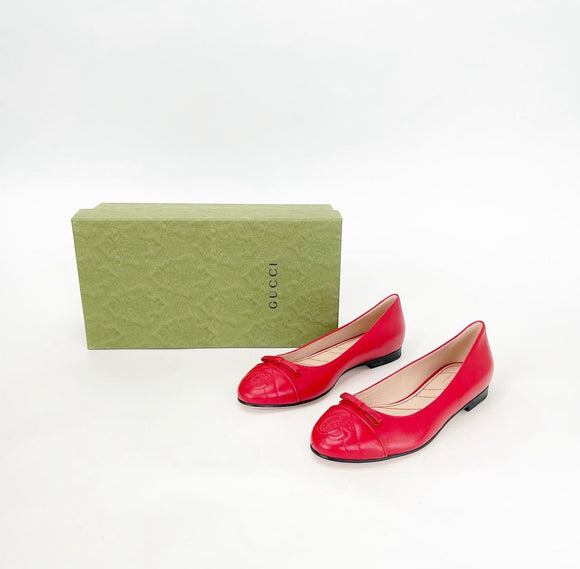 GUCCI GG MARMONT RED LEATHER BALLERINA FLATS 36.5