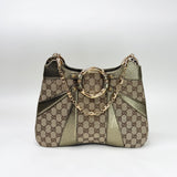 GUCCI x TOM FORD BAMBOO CHAIN METALLIC GRN LEA & GG CANVAS SHOULDER BAG
