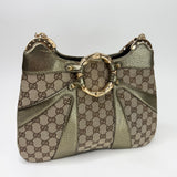 GUCCI x TOM FORD BAMBOO CHAIN METALLIC GRN LEA & GG CANVAS SHOULDER BAG