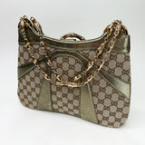 GUCCI x TOM FORD BAMBOO CHAIN METALLIC GRN LEA & GG CANVAS SHOULDER BAG