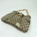 GUCCI x TOM FORD BAMBOO CHAIN METALLIC GRN LEA & GG CANVAS SHOULDER BAG
